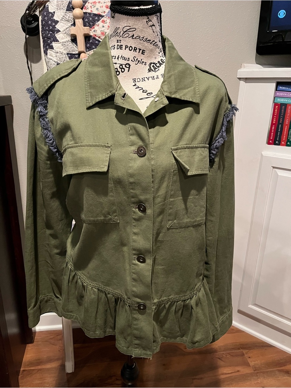 Matilda Jane Olive Boho Patchwork Ruffle Hem Letterman Shirt/Jacket sz M